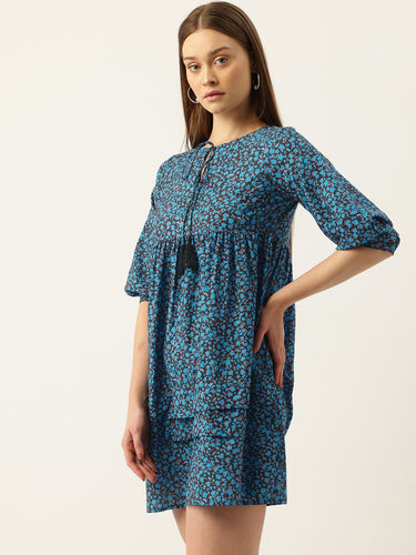 Ditsy Floral Printed Tie-Up Neck Gathered Mini Dress